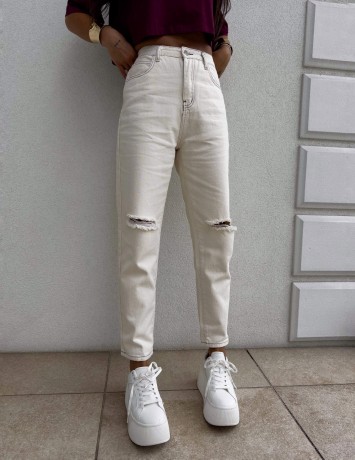 Przejdź do produktu Jeansy MOM FIT HOLES – jasny beż